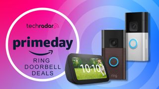 Ring Doorbell and Amazon Echo Show 5 on a multi-color Prime Day deals background