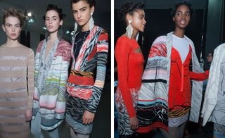 two portrait images side by side, the left image is three models wearing marble print knitwear and the right image is two models wearing marble print knit wear