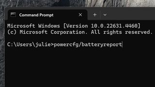 Screenshot showing the text being typed into the dialog prompt (powercfg/batteryreport)