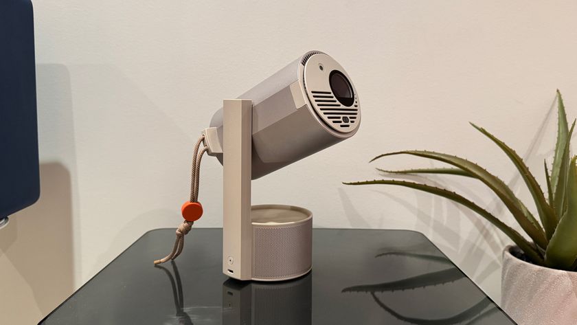 XGIMI MoGo 3 Pro projector standing with unit angled upright