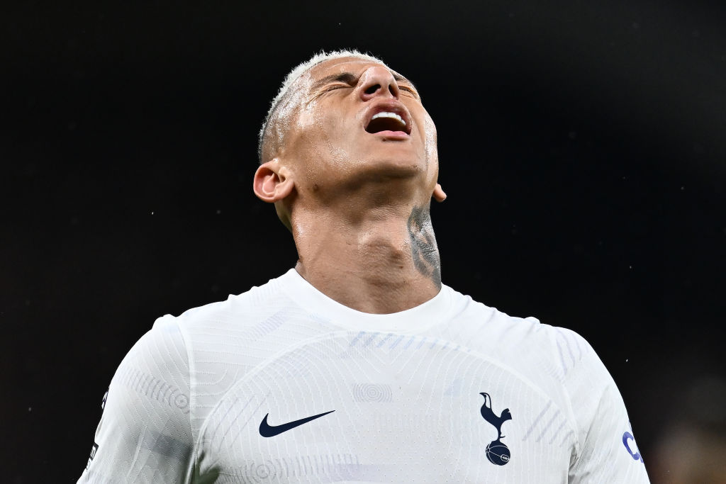 Richarlison of Tottenham Hotspur reacts during the Premier League match between Tottenham Hotspur and Fulham FC at Tottenham Hotspur Stadium on October 23, 2023 in London, England. (Photo by Sebastian Frej/MB Media/Getty Images)