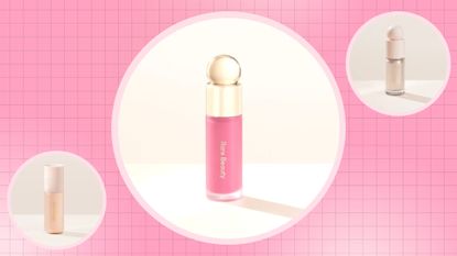 Rare Beauty Products: The soft pinch blush, positive light tinted moisturiser and liquid luminizer in a pink and cream template