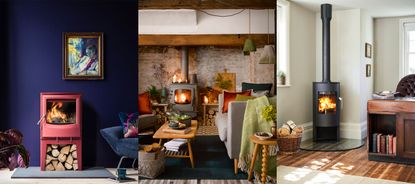 Three examples of wood burner ideas. Bright red stove in painted blue living room. Traditional black stove in cozy living room space. Modern floor-standing stove in corner of study space.