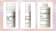 Collage of Olaplex products (L-R) N.o8 Moisture Mask, No.9 Hair Serum and No.4 Bond Maintenance Shampoo, on a pink watercolour background