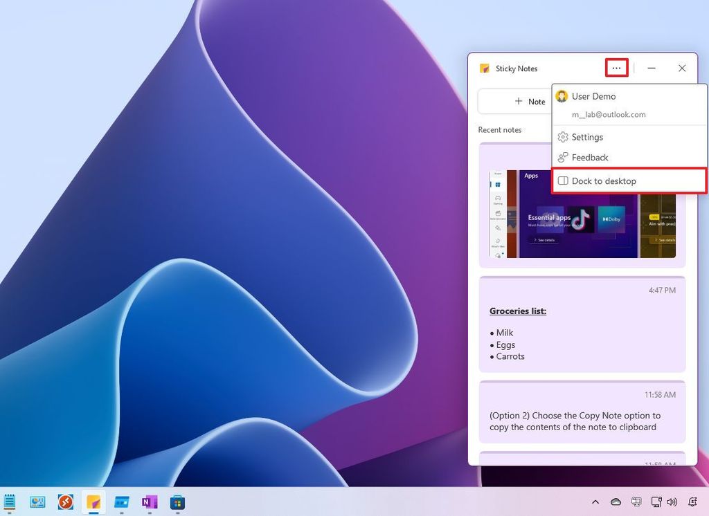 Sticky notes dock to desktop