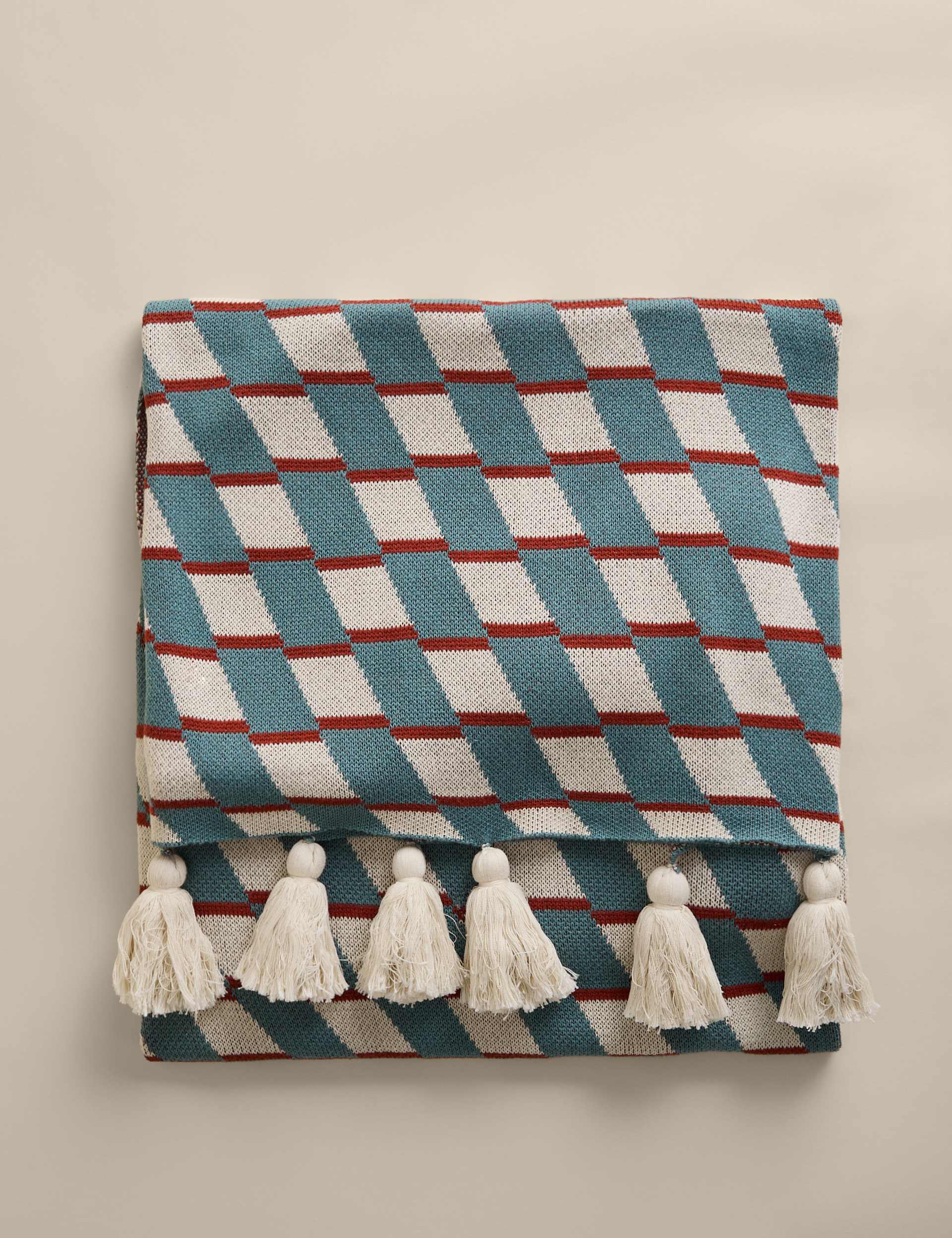 Pure Cotton Geometric Knitted Tassel Throw