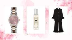 Three of the best 60th birthday gifts for women, on a light pink background with floral pink graphics.