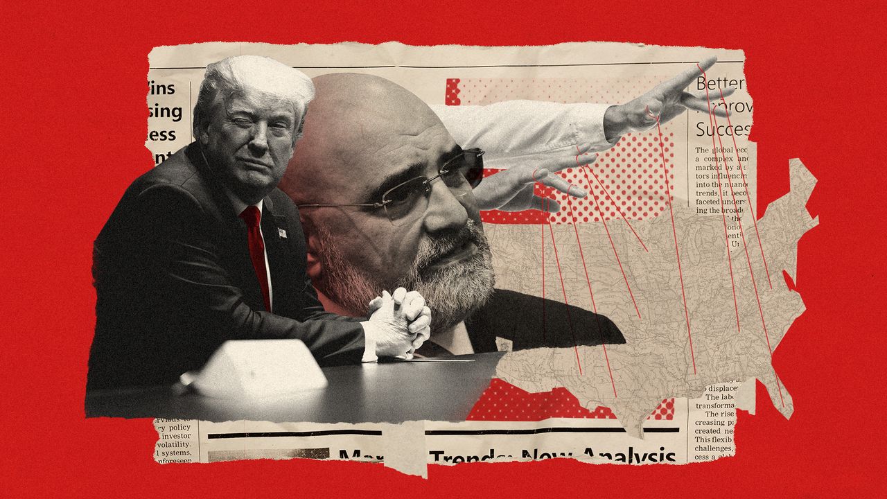 Photo collage of Donald Trump winking, with Chris LaCivita behind him. In the background, there is a pair of puppeteer&#039;s hands with red strings attached to various points on a map of USA.