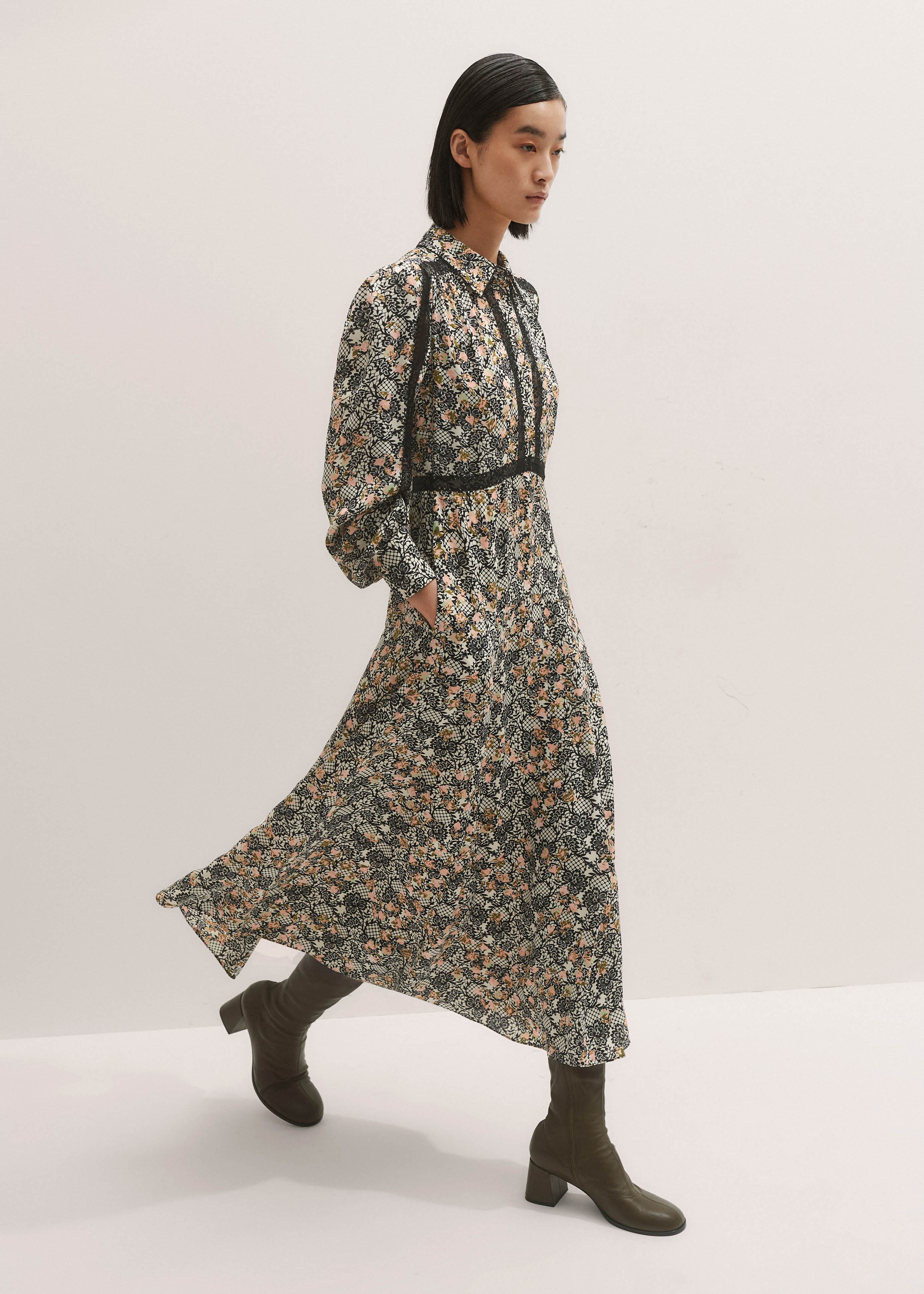 Silk Lace Detail Maxi Shirt Dress