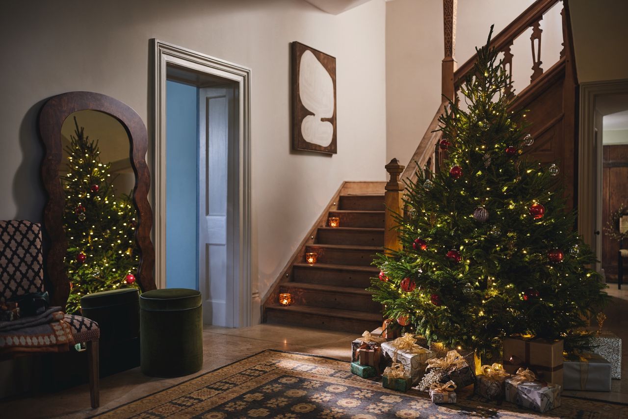 a home&#039;s entryway dressed for christmas with a tree