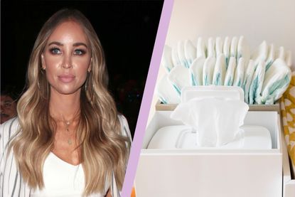 a split template showing TOWIE star Lauren Pope and a box of wet wipes next to some nappies