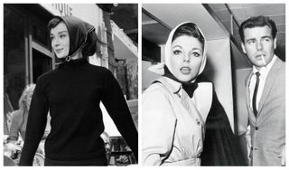 A collage of Joan Collins and Audrey Hepburn wearing retro hair scarves in the '60s