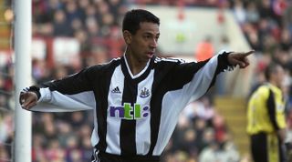 LONDON - MARCH 15: Nolberto Solano of Newcastle United celebrates scoring the second goal during the FA Barclaycard Premiership match between Charlton Athletic and Newcastle United held on March 15, 2003 at The Valley, in London. Newcastle United won the match 2-0. (Photo by Jamie McDonald/Getty Images)