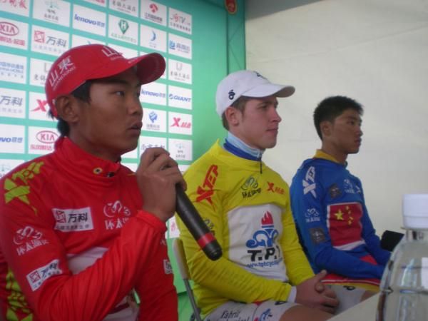 Press conference with best Chinese rider Wang Meiyin, race leader Boris Shpilevski and best young rider Zhang Wenlong.