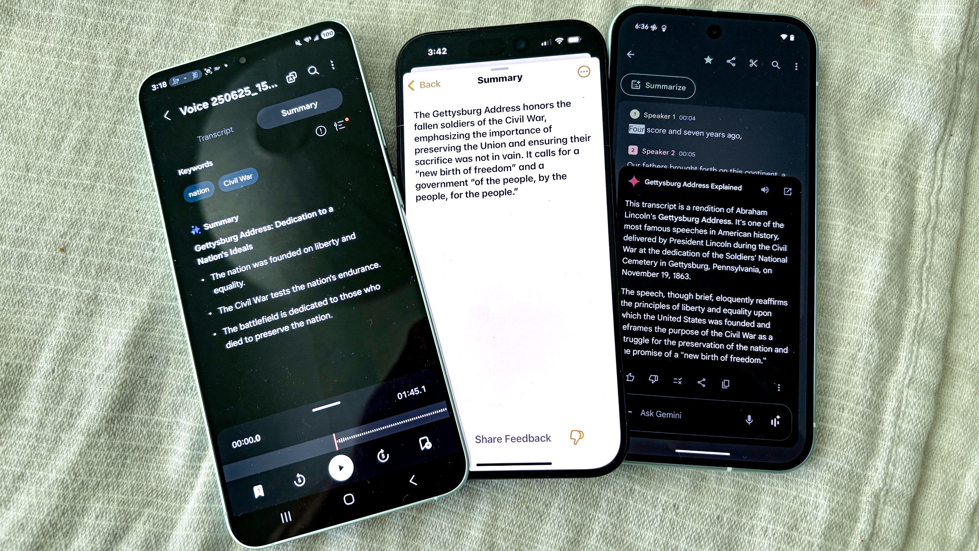 Audio recording summary features on galaxy s25 plus iphone 15 pro and pixel 9