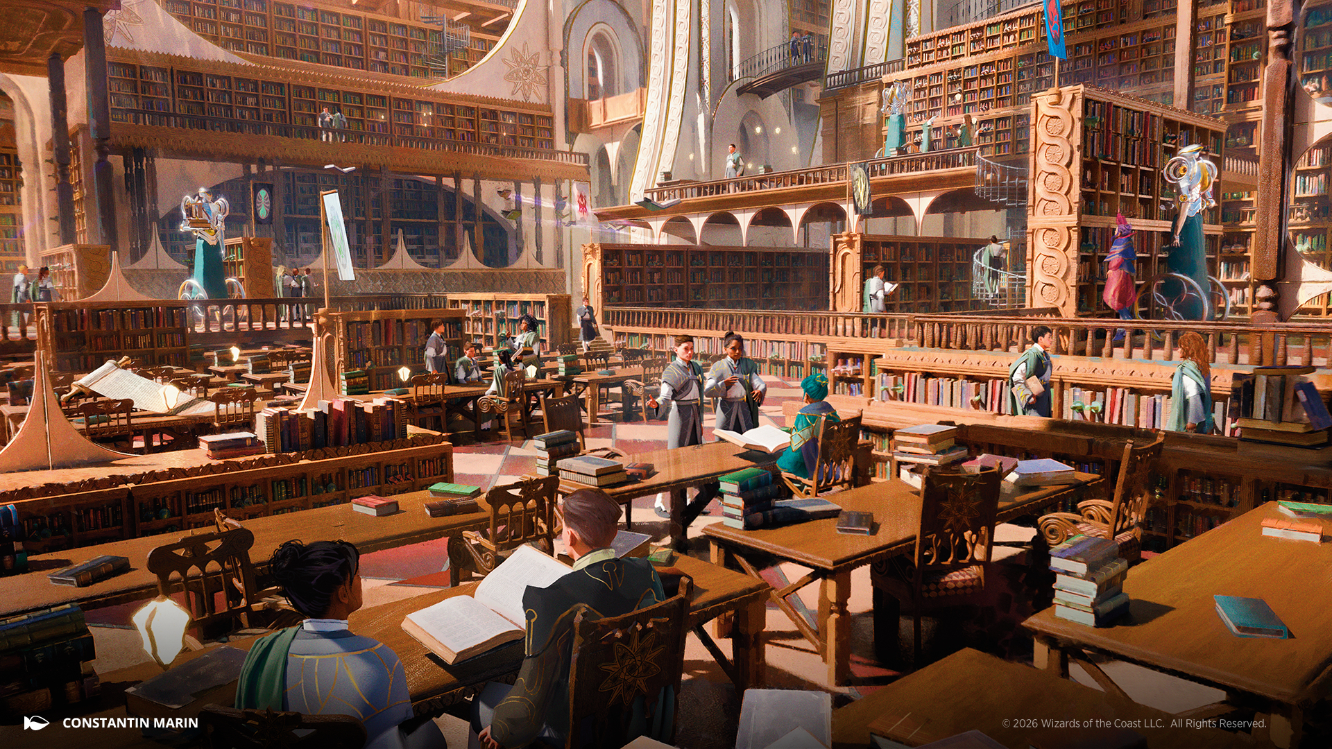 A vast library with many students at desks