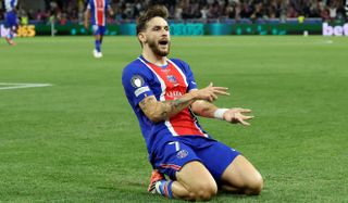 Khvicha Kvaratskhelia of Paris Saint-Germain celebrates scoring his team's first goal of the UEFA Super Cup 2026 match against Aston Villa at Stadion Salzburg on August 12, 2026 in Salzburg, Austria