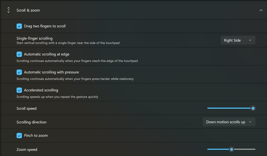Settings menu for "Scroll &amp;amp; zoom" features on a touchpad. Options include gesture controls with checkboxes and sliders for speed and direction adjustments.