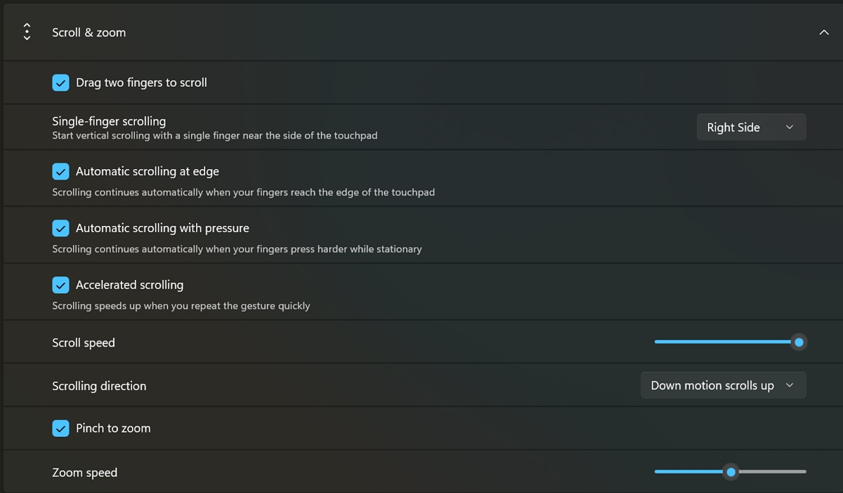 Settings menu for "Scroll &amp;amp; zoom" features on a touchpad. Options include gesture controls with checkboxes and sliders for speed and direction adjustments.