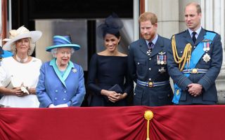 Camilla, Duchess of Cornwall, Queen Elizabeth II, Meghan, Duchess of Sussex, Prince Harry, Duke of Sussex, Prince William, Duke of Cambridge watch the flypast