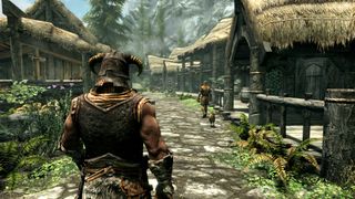 The Elder Scrolls V: Skyrim - The player character walks through a small village