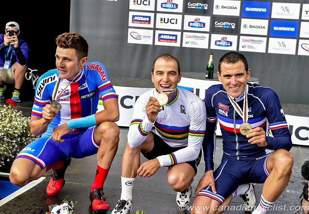 2016 UCI MTB XC Worlds podium: Jaroslav Kulhavy, Nino Schurter, Julien Absalon