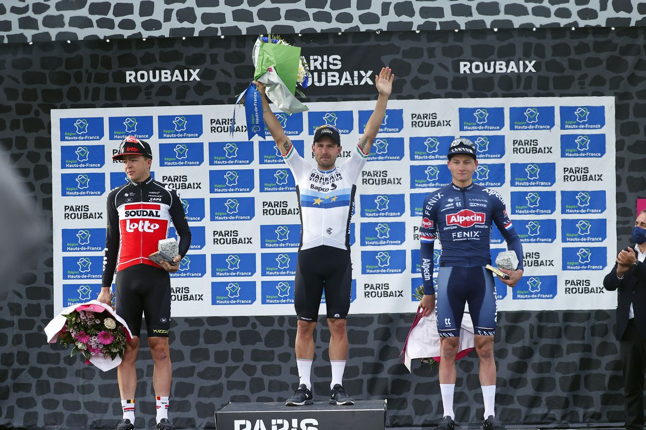 Paris Roubaix 2021 118th Edition Denain Roubaix 2577 km 03102021 Sonny Colbrelli ITA Bahrain Victorious Mathieu Van Der Poel NED AlpecinFenix Florian Vermeersch BEL Lotto Soudal photo Luca BettiniBettiniPhoto2021