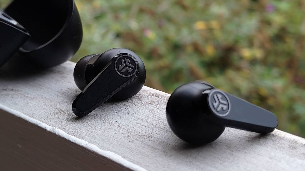 The JLab Go Pods ANC on a window sill.