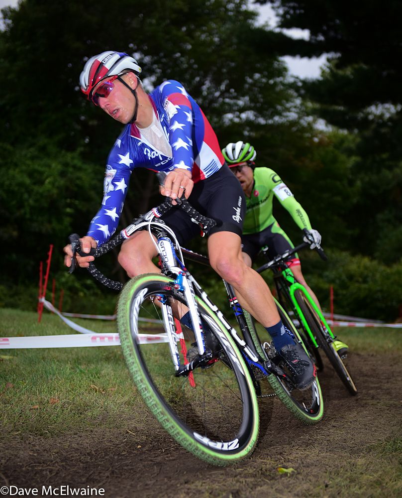 Jeremy Powers (Aspire Racing) with Stephen Hyde glued to his wheel near the end of lap three