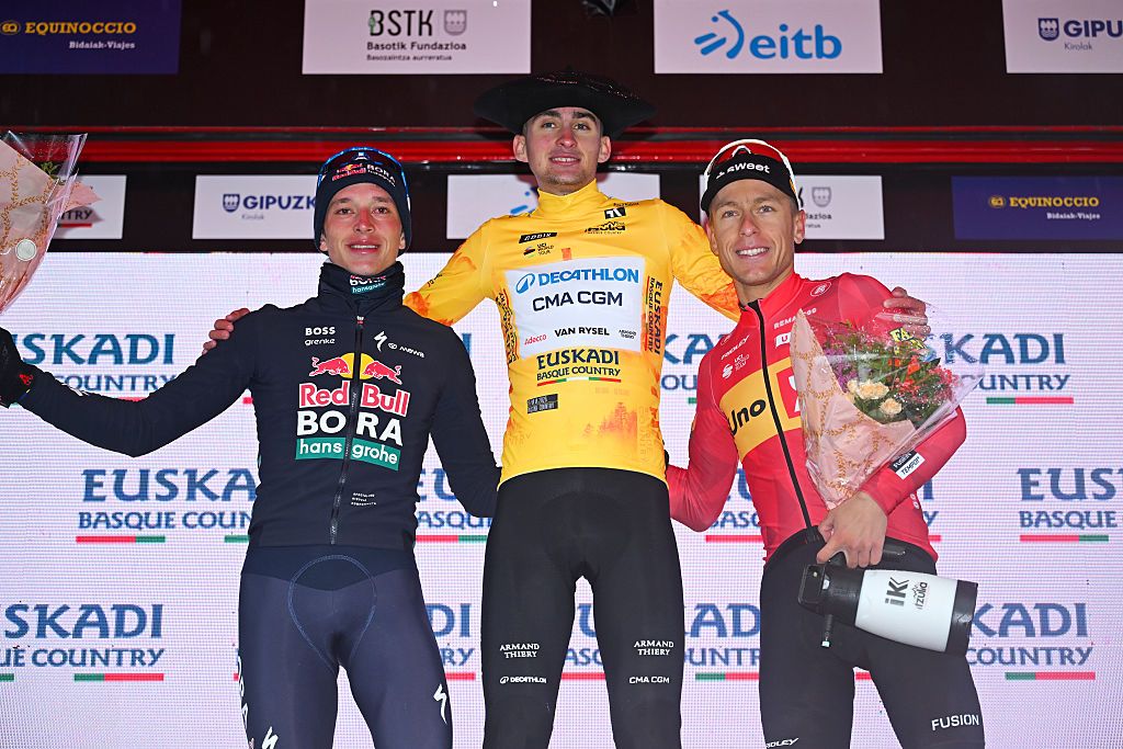 Florian Lipowitz of Team Red Bull - BORA - hansgrohe in second place, overall race winner Paul Seixas of Team Decathlon CMA CGM and Tobias Halland Johannessen of Team Uno-X Mobility in third place