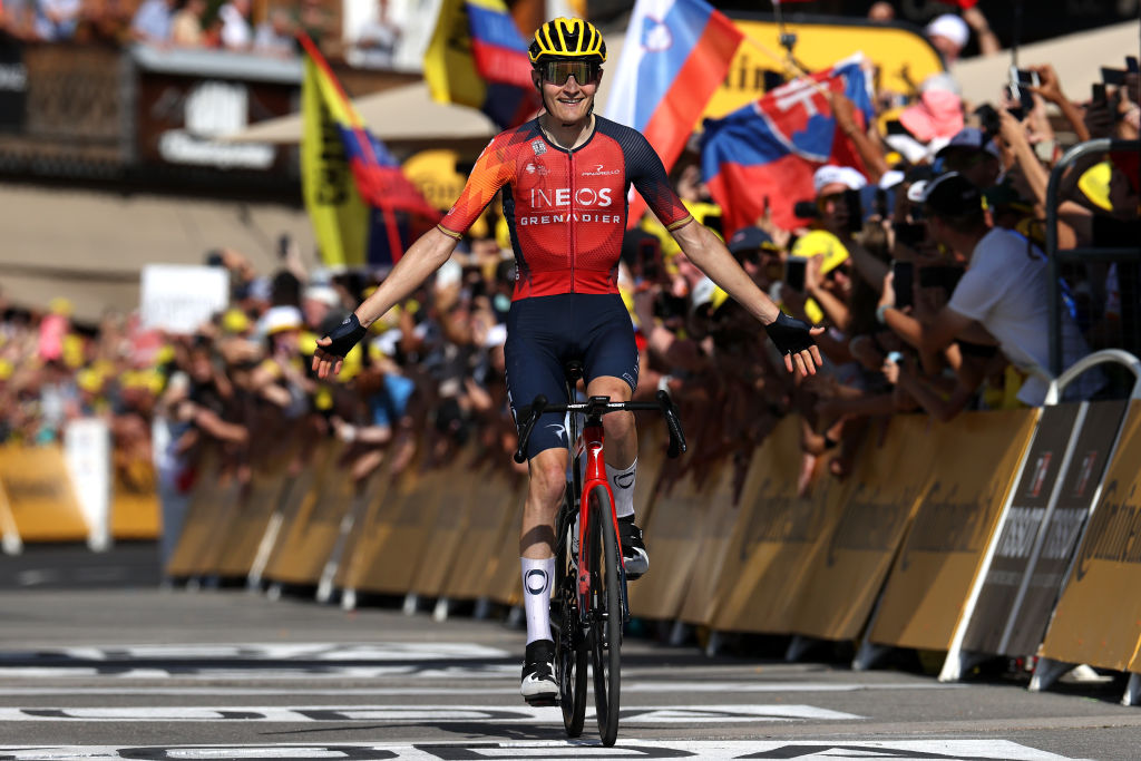 MORZINE LES PORTES DU SOLEIL FRANCE JULY 15 JULY 15 Spain's Carlos Rodriguez Cano and INEOS Grenadiers celebrate at the finish line of the stage winners during stage 14 of the 2023 110th Tour de France at 1,518km from Annemasse to Morzine les Portes du Soleil UCIWT on July 15 2023 in Morzine Les Portes du Soleil France Photo by Michael Steele Getty Images