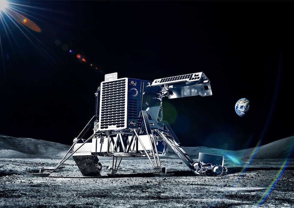 An artist&#039;s illustration of an ispace lander and rover on the surface of the moon.