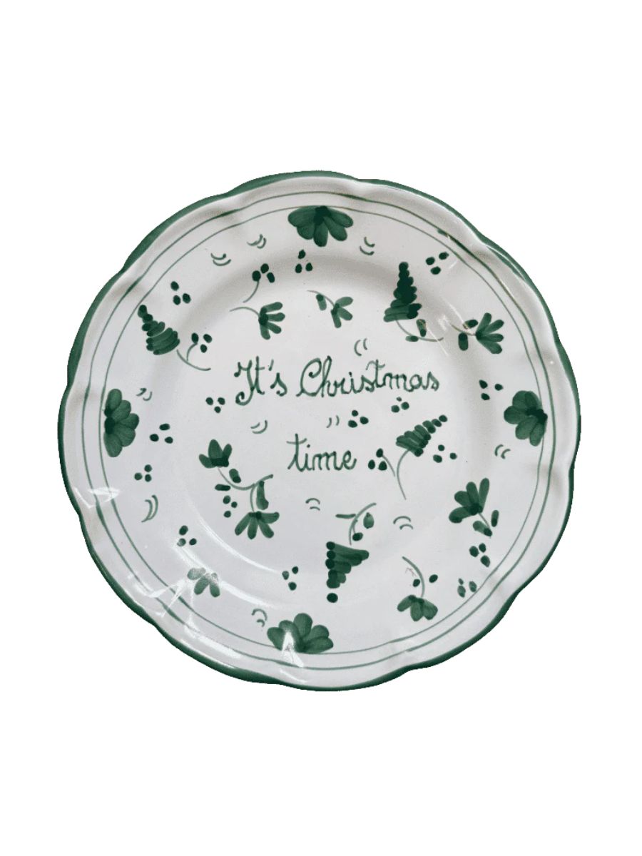 'It's Christmas Time' vintage style green and whit plate