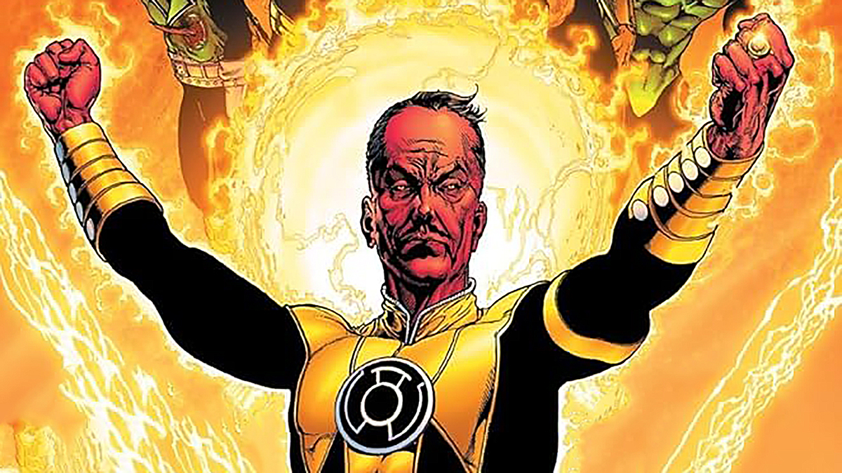 An edited screenshot of Sinestro on the cover of a DC comic book for the Green Lantern: The Sinestro Corps War storyline