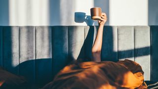 Person in bed raises a coffee cup to the sky