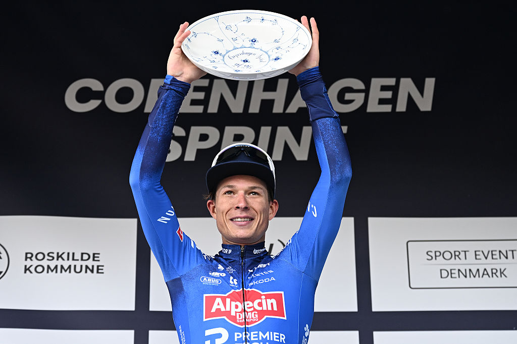 COPENHAGEN, DENMARK - JUNE 14: Jasper Philipsen of Belgium and Team Alpecin-Premier Tech celebrates at podium as race winner during the 2nd Copenhagen Sprint 2026 - Men&amp;amp;apos;s Elite a 228.2km one day race from Roskilde to Copenhagen / #UCIWT / on June 14, 2026 in Copenhagen, Denmark. (Photo by Luc Claessen/Getty Images)
