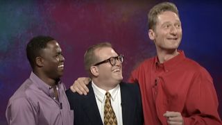 Wayne Brady, Drew Carey, and Ryan Stiles react to Drew's Three-Headed Broadway Star flub on Whose Line Is It Anyway?