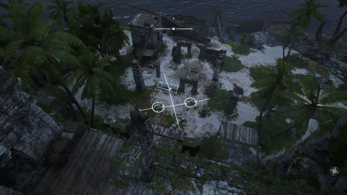 Black Flag Mayan stones: Edward crouched on top of the stele solving the puzzle in the ruins below.