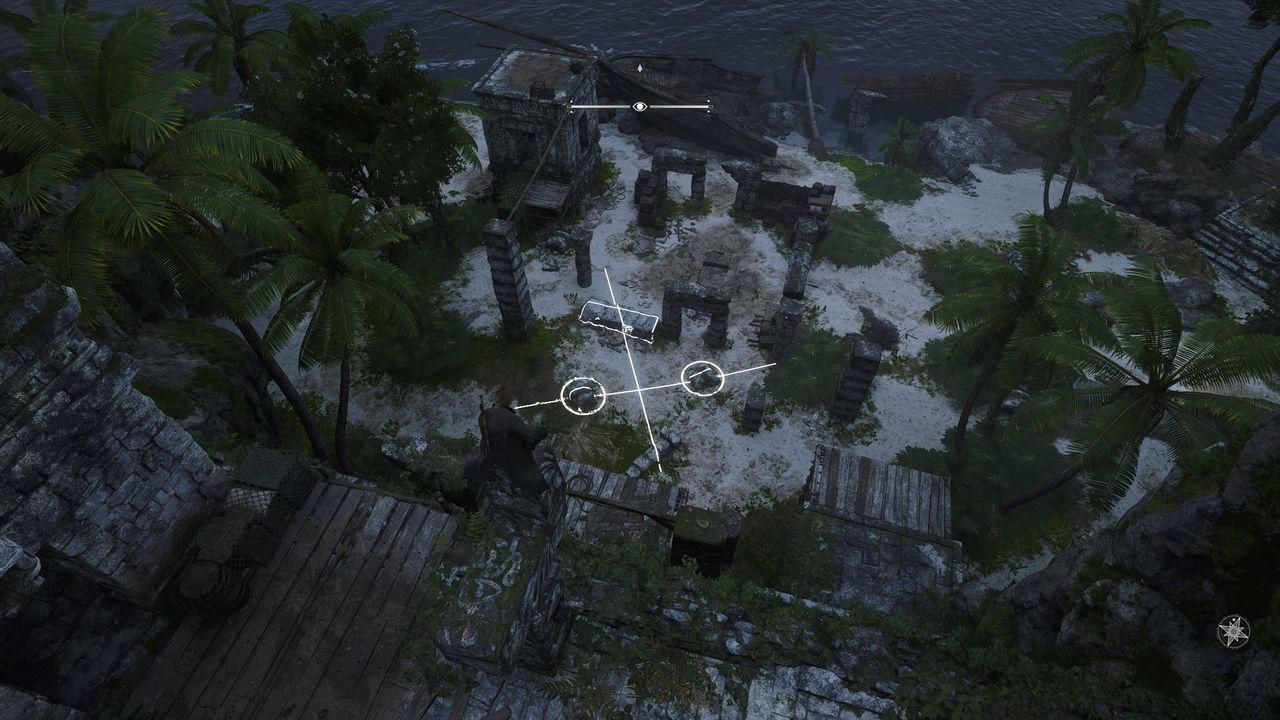 Black Flag Mayan stones: Edward crouched on top of the stele solving the puzzle in the ruins below.