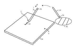 Apple patents: Line drawing of Apple pencils drawing on two surfaces