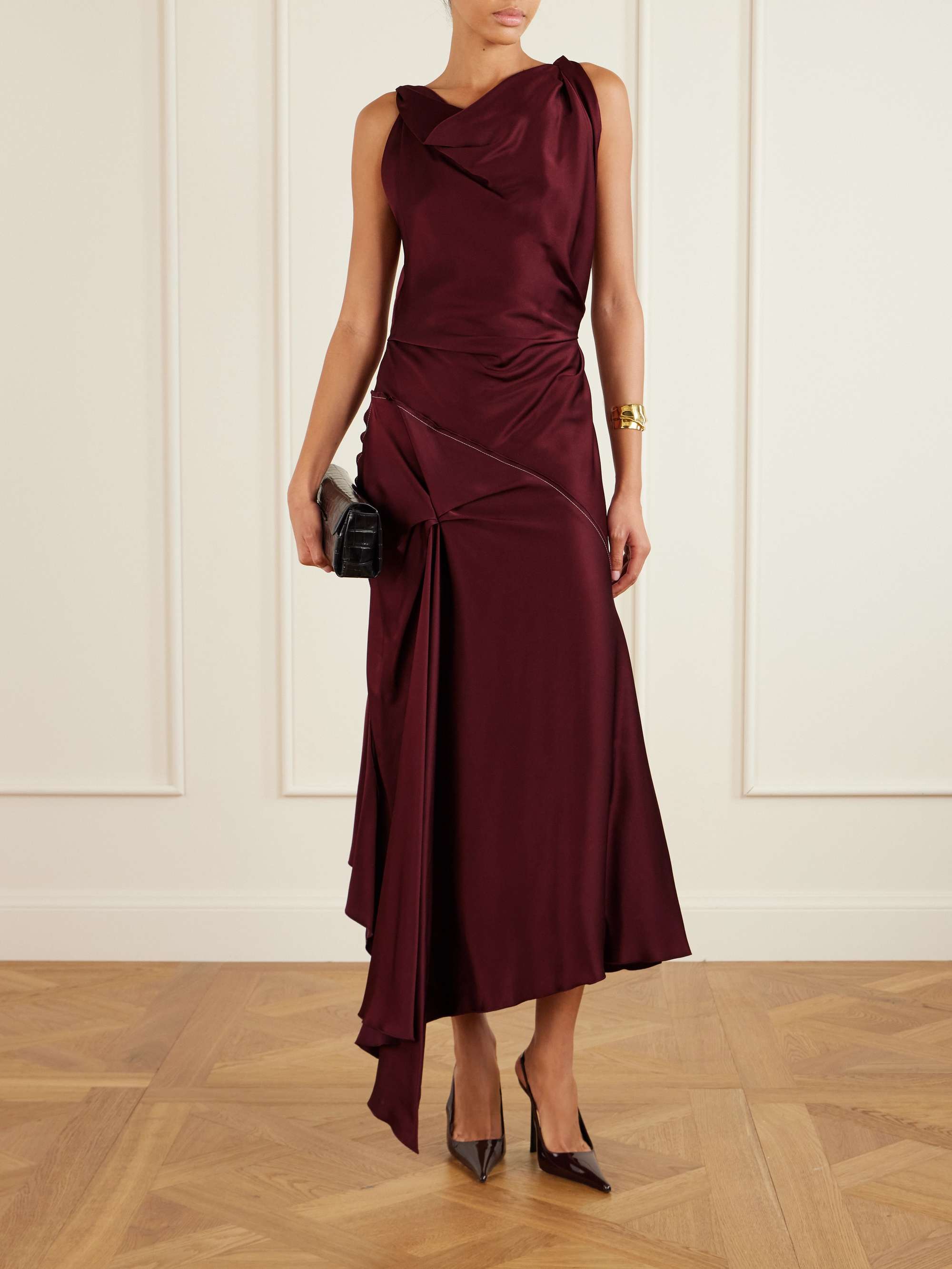 Asymmetric Draped Gathered Satin-Crepe Dress