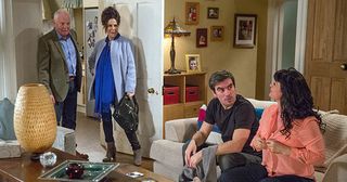In Butlers Farm a flirty Pollard and Faith Dingle enter the sitting room; unbeknown to them Cain Dingle and Moira Dingle are getting it on on the sofa. Everyone’s horrified to discover each other in Emmerdale.