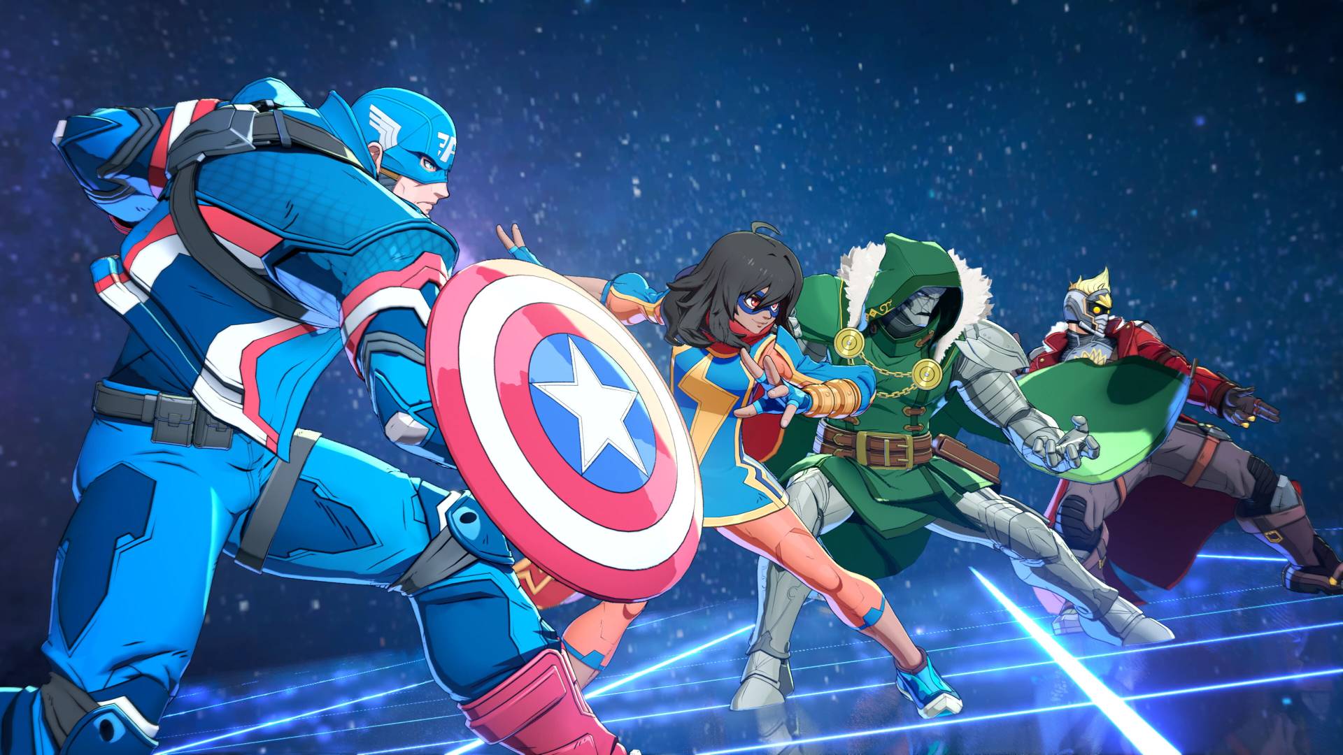 An image from Marvel Tokon: Fighting Souls showing four heroes teaming up together.