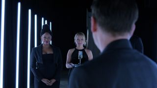 Jazz Raycole and Becki Newton as Izzy and Lorna meeting Alex Grant in The Lincoln Lawyer season 2 episode 6