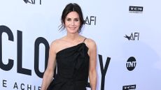 Courteney Cox smiles for paparazzi at a red carpet event in a fitted black gown 