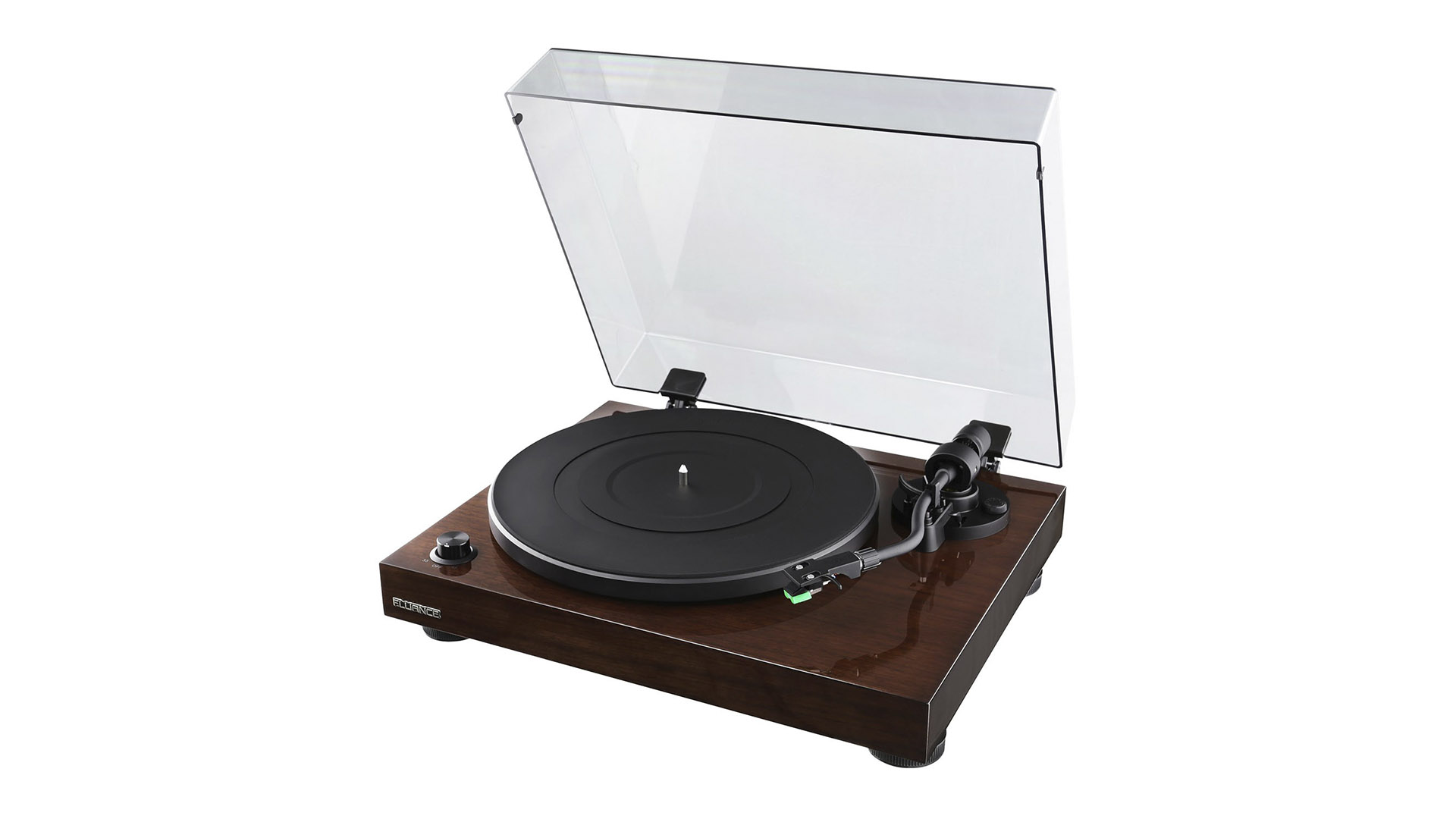 The Fluance RT81 record player with a dark brown finish