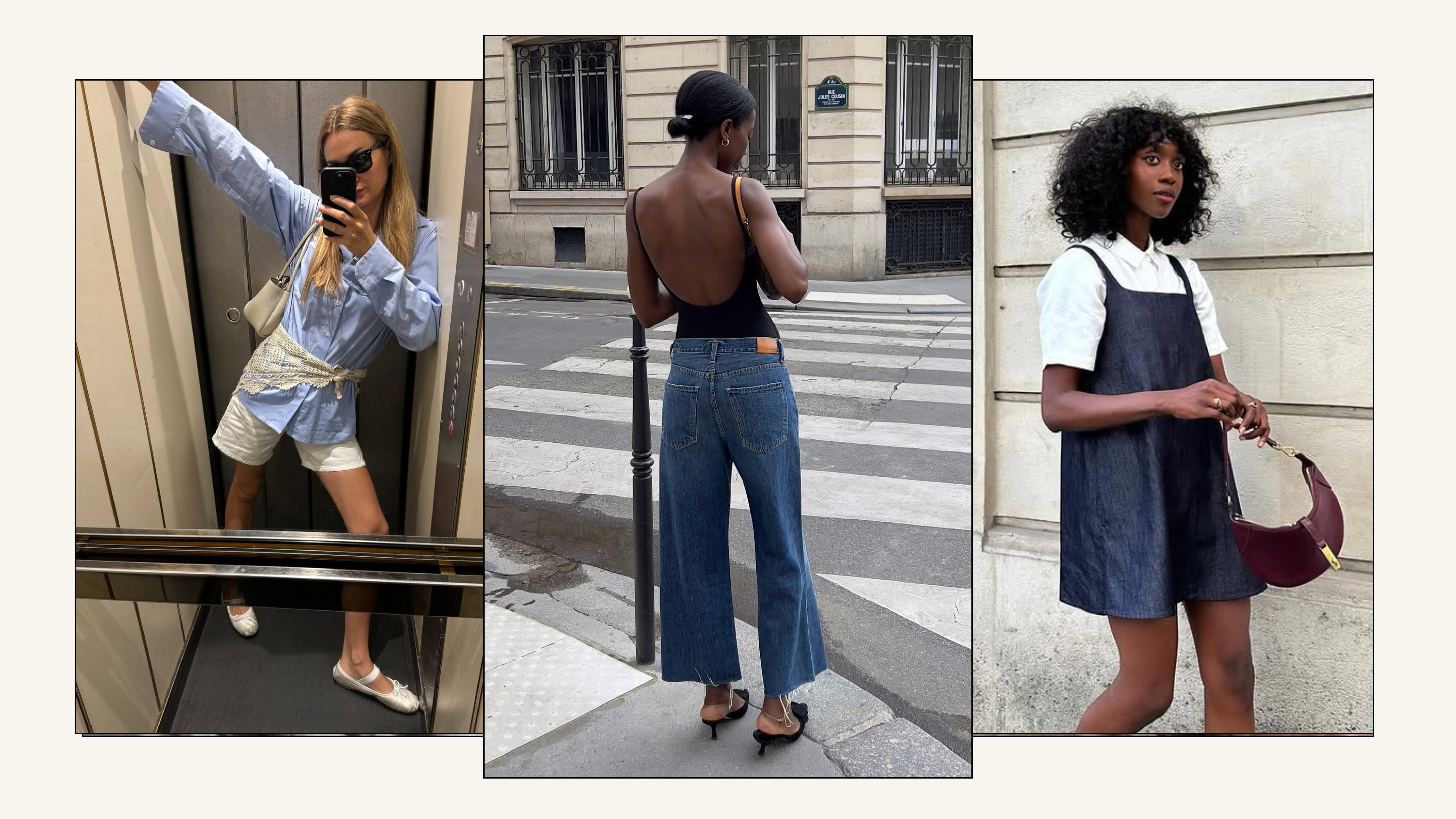 A selection of French women wear various denim trends across summer 2025