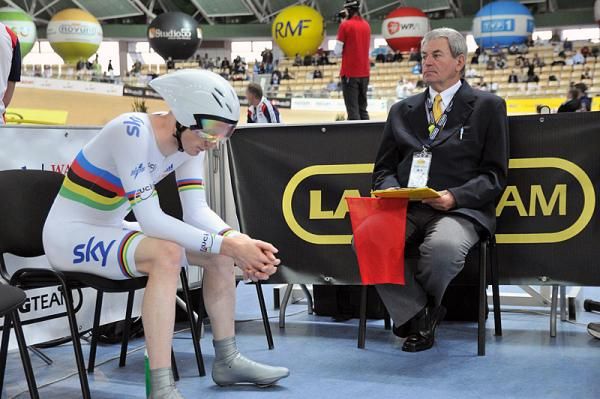 Edward Clancy (Great Britain) awaits the start of the omnium 4km individual pursuit.