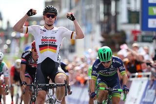 Andre Greipel (Lotto Soudal) posts a victory salute at Tour of Britain stage 1