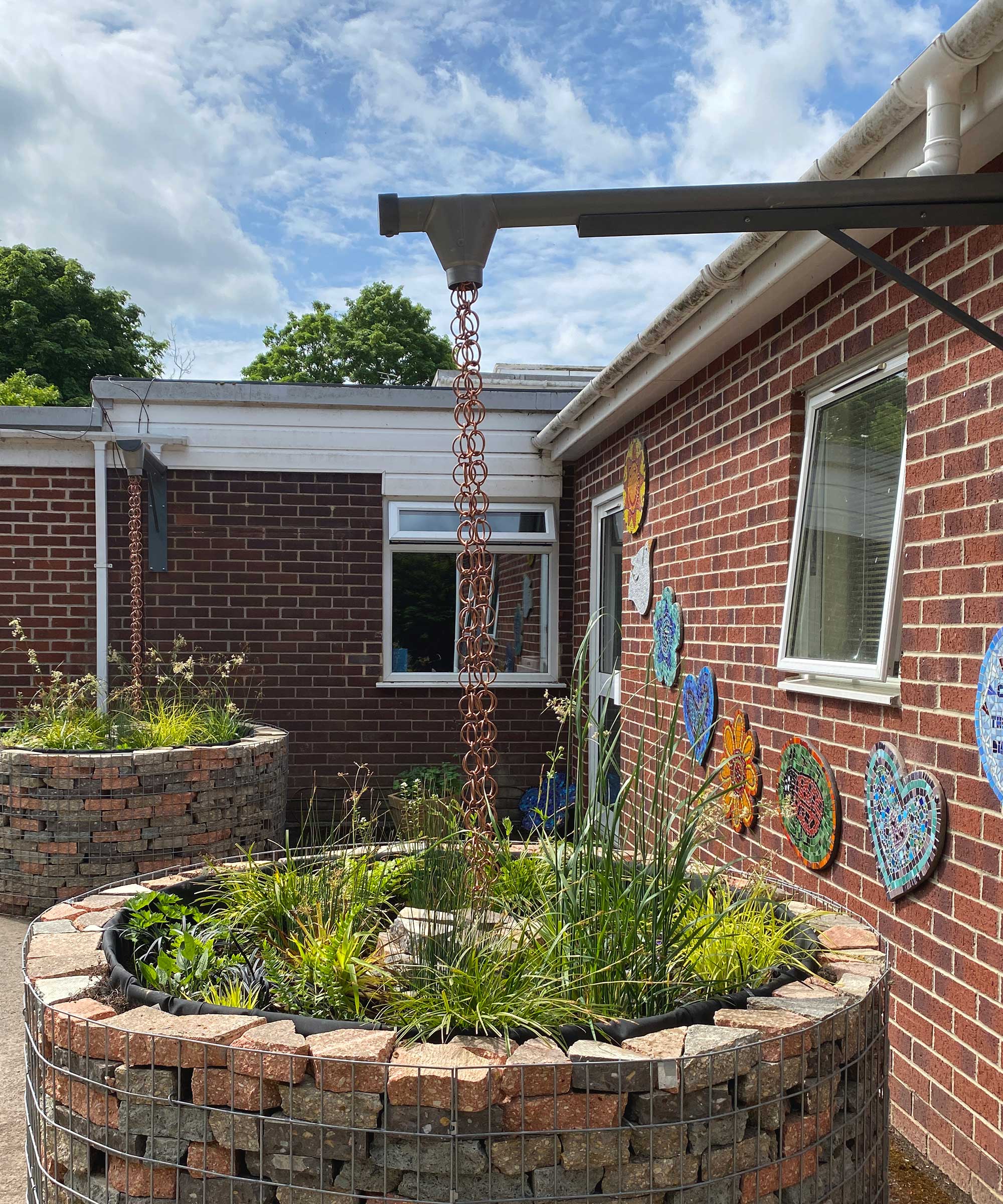 A rain planter with rain chain at Chilton Foliat Primary school